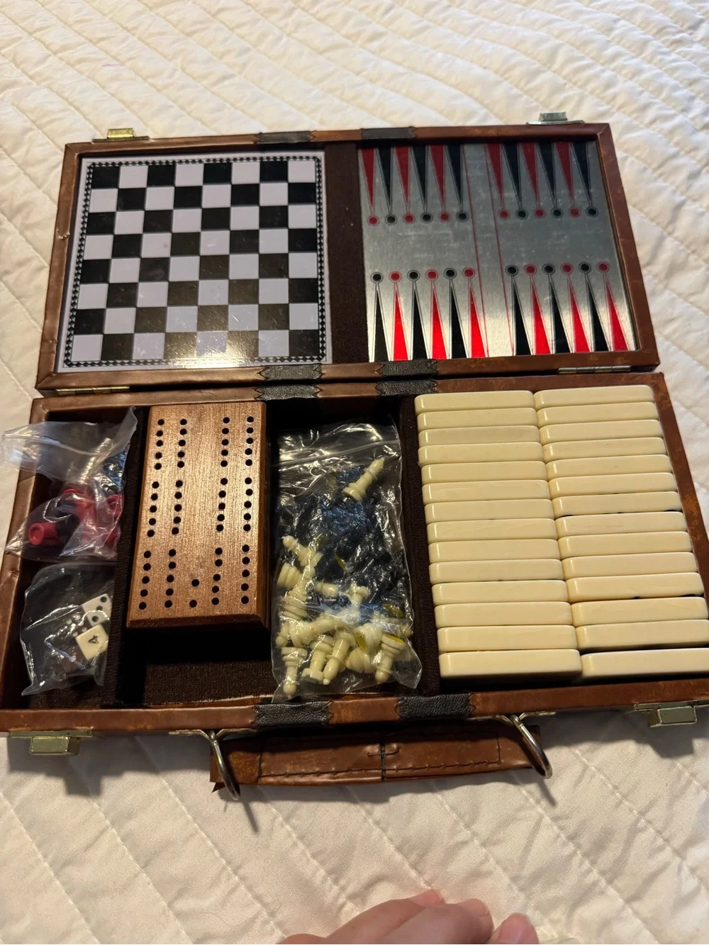 vintage interpur multi game set faux leather case chess backgammon dominoes